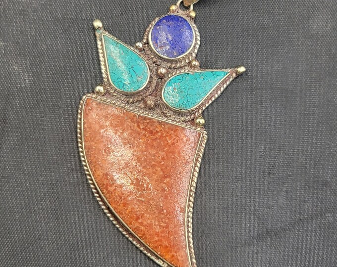 Medaval Silver Beautiful Old Silver Pendant With Natural Coral Turquoise And Lapis Lazuli Stone