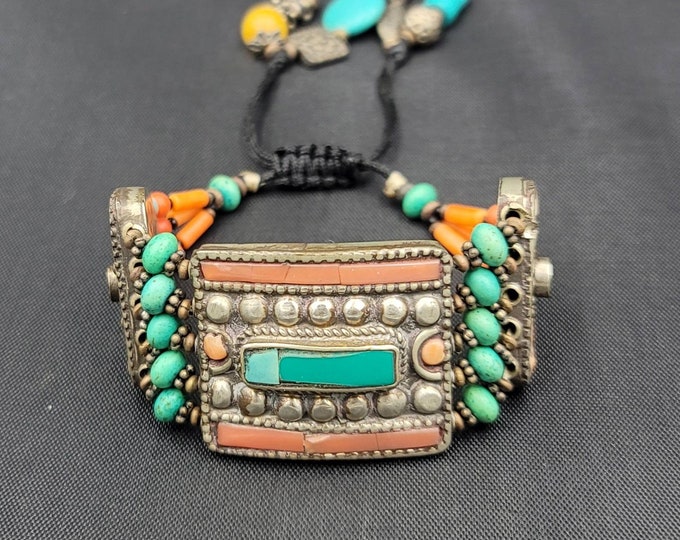 Vintage Unique Old Silver Boho Tibeten Bracelet With Natural Turquoise And Coral