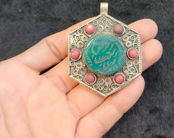 Green Agate Ancient Calligraphy Carved Near Eastern Silver Pendant