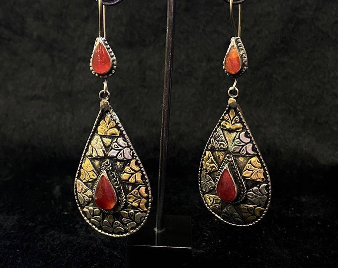 Vintage Old Silver With Gold Plated Mid Eastern Wonderful Earrings Beautiful Antique Silver Earrings