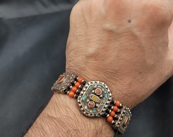 Vintage Tibetan Turquoise & Coral Beaded Bracelet: Adjustable Silver Jewelry