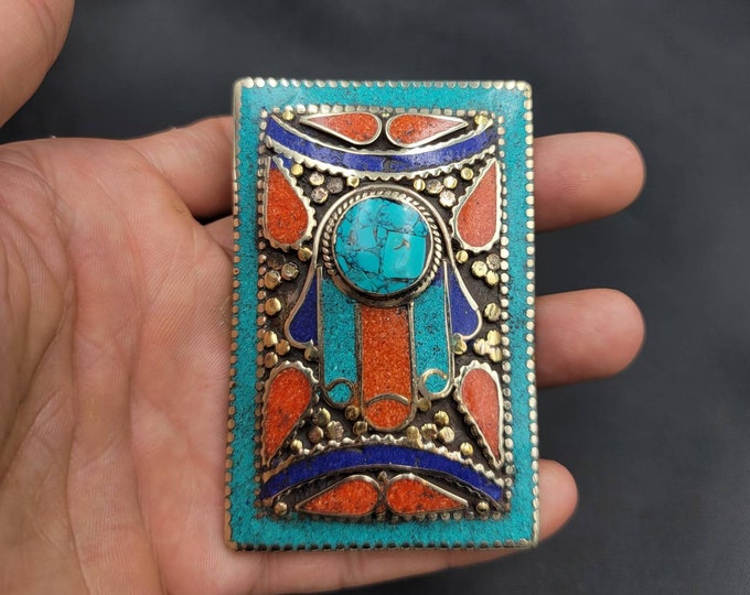 Vintage Tibetan Beautiful Handmade Unique Belt Buckle with Natural Turquoise Coral And Lapis Lazuli Stone