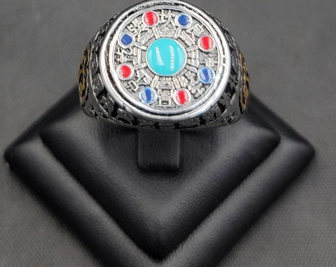 Beautiful Near Eastern Design Silver Ring With Natural Turquoise And Coral Gemstone
