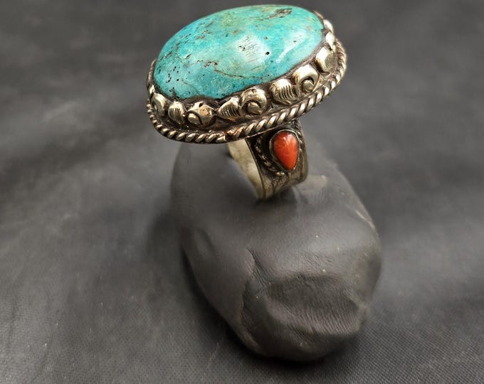 Antique Genuine Old Natural Tibetan Big Turquoise Huge Old Ring Silver