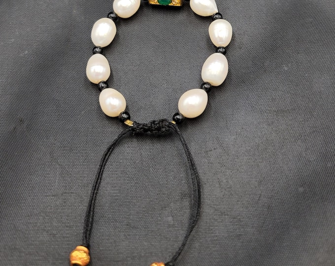 Beautiful Natural Freshwater Pearls With Silver Green Emerald Bead Bracelet Adjustable Barcelet