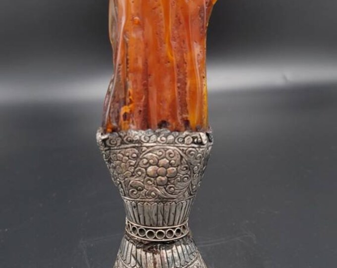 Natural Brown Big Stone Copal Stone Unique Silver Near Eastern Handicraft Silver Engraved Seal Stamp
