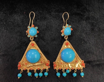 Vintage Afghanistan Earrings: Turquoise, Coral, Gold Over Silver