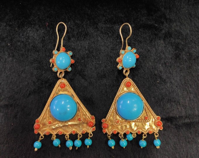 Wonderful Turquoise Gemstone With Coral Stone 20k Gold Over Silver Earrings