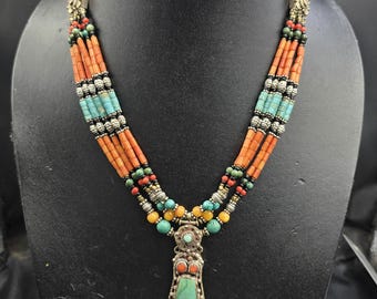 Vintage Tibetan Silver Necklace: Turquoise & Coral Gemstone, 60cm