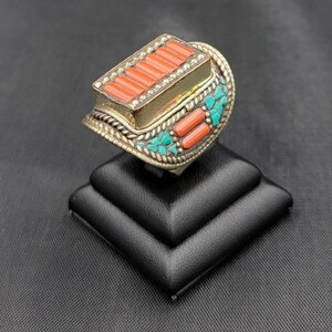 Spectacular Boho Amazing Ring With Coral And Turquoise Stone