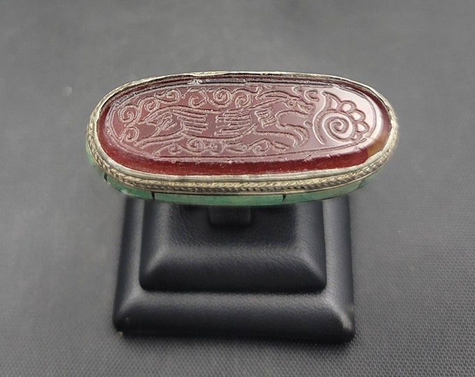 RARE Unique Shape Silver Antique Ring With Turquoise & Ancient Agate Stone Blessing Calligraphy