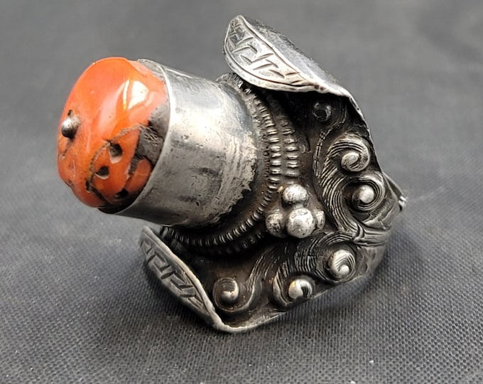 Genuine Antique Old Natural Big Coral Huge Od Ring Silver Coral Ring Adjustable