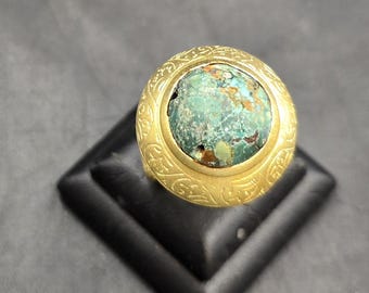 20k Gold Over Silver Beautiful Near Eastern Big Old Ring With Natural Old Turquoise Stone