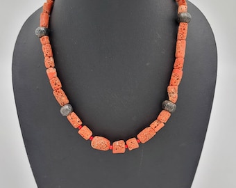 Natural Red Coral Vintage Bead Necklace with Old Silver Beads