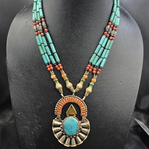 Handmade Tibetan Turquoise Necklace: Coral & Silver, 60cm