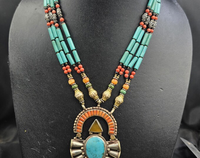 Rare Unique Tibeten Turquoise Stone Silver Handmade Beautiful Necklace With Coral Stone