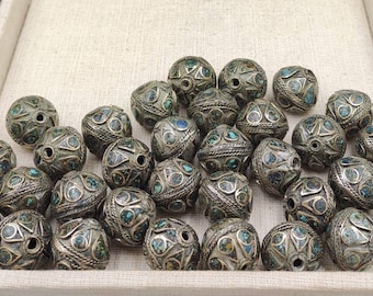 Vintage Tibetan Turquoise Brass Beads: Silver Plated Jewelry Supplies (20mm)
