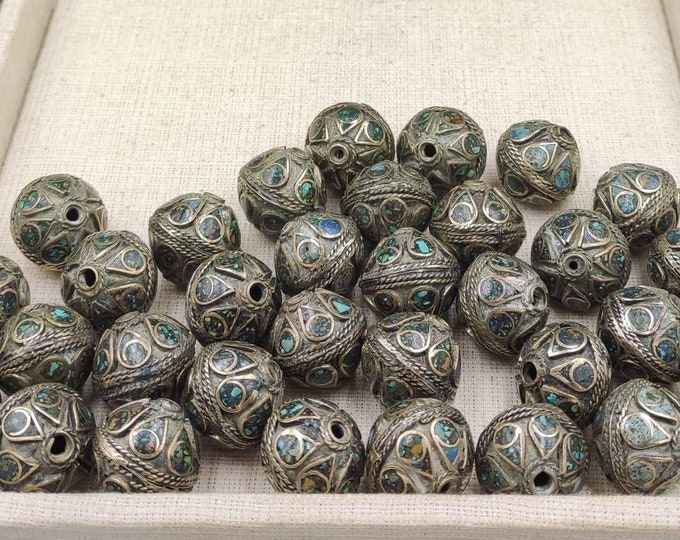 Vintage Tibeten Turquoise Stone Brass Silver Plated 20mm Beads For Jewelry Supplies Making Necklace Bracelets Etc