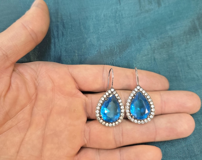 Vintage Silver Brass Earrings: Handmade Blue Topaz Gemstone