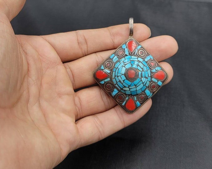 Tibeten Wonderful Medaval Silver Turquoise And Coral Gemstone Old Pendant