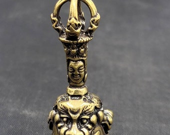 Tibetan Brass Temple Bell Pendant: Carved Lucky Amulet