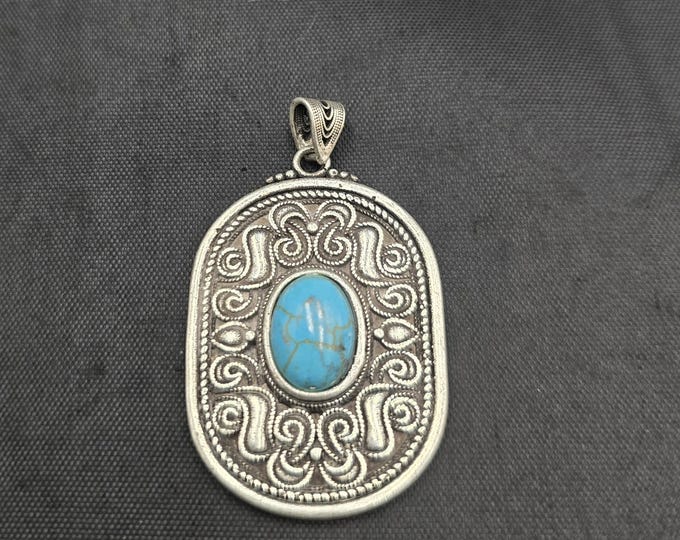 Handmade Old Vintage Authentic Silver Tibeten Pendant With Natural Turquoise Stone