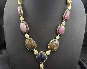 Super Gorgeous Victorian Design Rose Cut Daimond With Natural Sapphire Gemstone Necklace