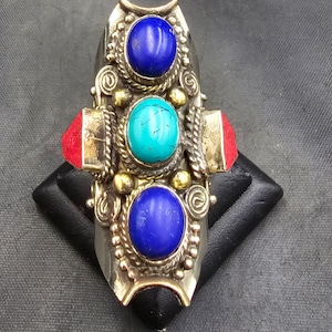 Tibeten Vintage Silver Ring With Lapis Lazuli Coral And Turquoise Stone
