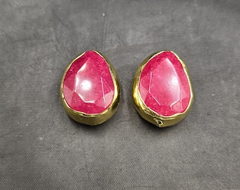 Dark Red Natural Ruby Gemstone Gold Over Silver Beautiful Shape Vintage 1 Pair Beads