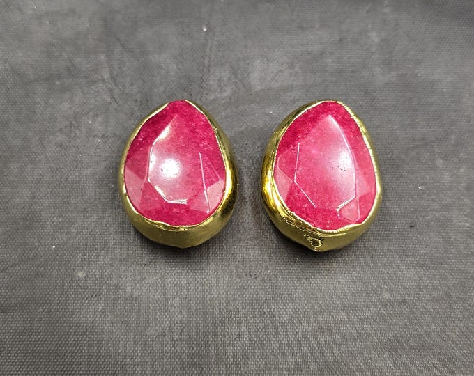 Dark Red Natural Ruby Gemstone Gold Over Silver Beautiful Shape Vintage 1 Pair Beads