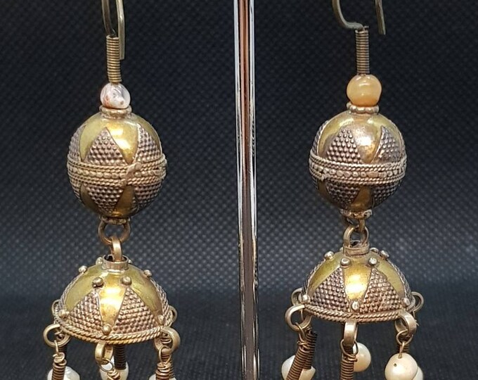 Vintage Kazaki Wonderful Gold On Silver Dangling Earrings with Parls