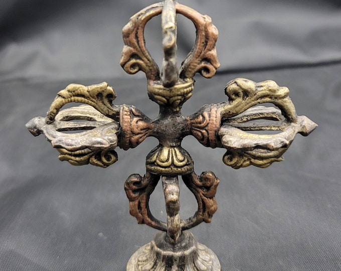 Early 1700 Century AD Double Dorje With Stand Bajra Amulet Tibetan Bronze Lucky Temple Dorje