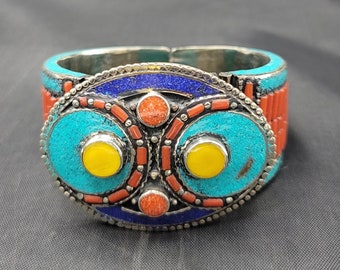 Vintage Tibetan Silver Bangle: Turquoise, Coral, Copal Gemstone Bracelet