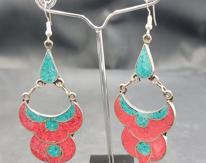 Handmade Vintage Old Silver Tibeten Design Earrings With Natural Turquoise And Coral