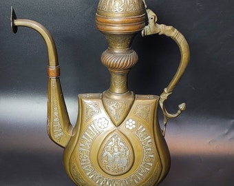Antique Islamic 1400s Calligraphy Beautiful Bronze And Silver Inlaid Unique Pitcher / TeaPot