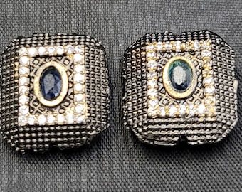 Handmade Oxidized Silver Beads: Sapphire Gemstone, Vintage Style (21mm)