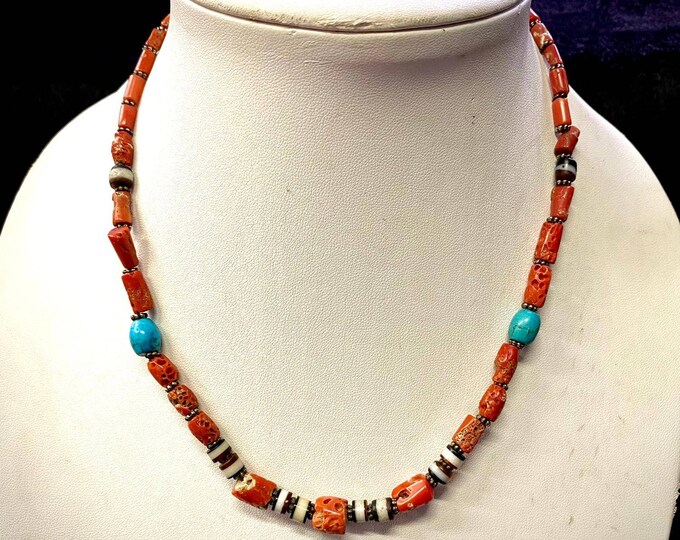 Antique Natural Coral Banded Agate And Turquoise Yemani Rare Beautiful Necklace