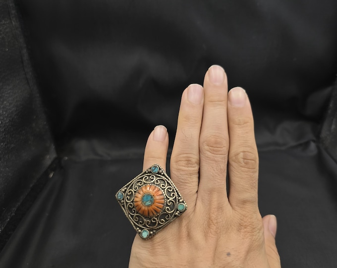 Vintage Tibetan Silver Ring: Turquoise & Coral, Size 8