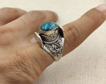 Handmade Turquoise Silver Ring: Adjustable Vintage Medieval Style