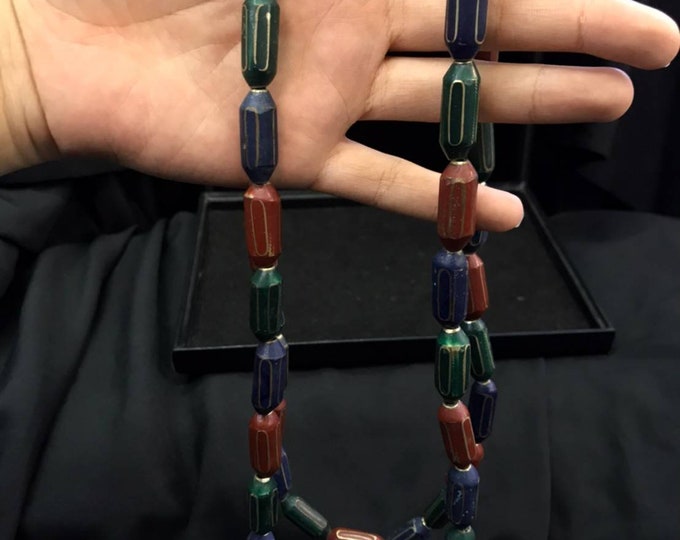 48 Vintage Beautiful Afghanistan Brass Beads With Lapis Coral and Green Turquoise Stone Inlaid