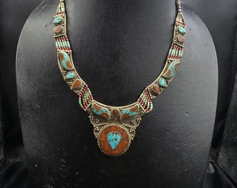 Handmade Vintage Tibetan Handmade Authentic Silver Necklace With Turquoise And Coral Stone