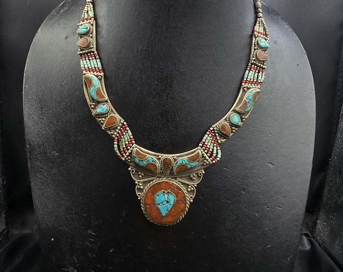 Handmade Vintage Tibetan Handmade Authentic Silver Necklace With Turquoise And Coral Stone