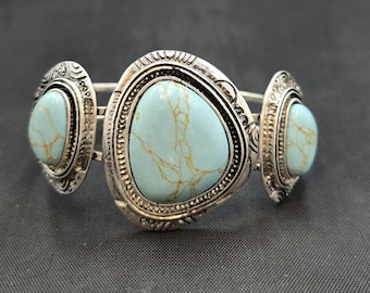 Antique Old Tibeten Vintage Silver Bangle Bracelet With Natural Turquoise Stone