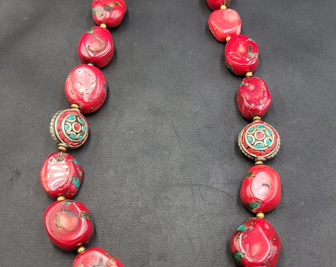 Beautiful Natural Red Coral With Turquoise Inlaid Wonderful Antique Necklace From Tibet