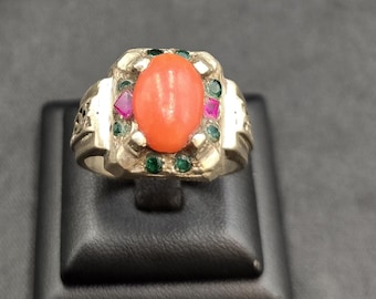 Old Vintage Silver Ring With Natural Coral Stone