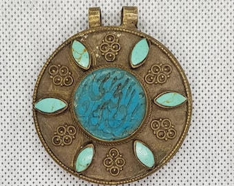 Antique Mix Silver Middle Eastern Pendant With Turquoise Afghanistan Calligraphy