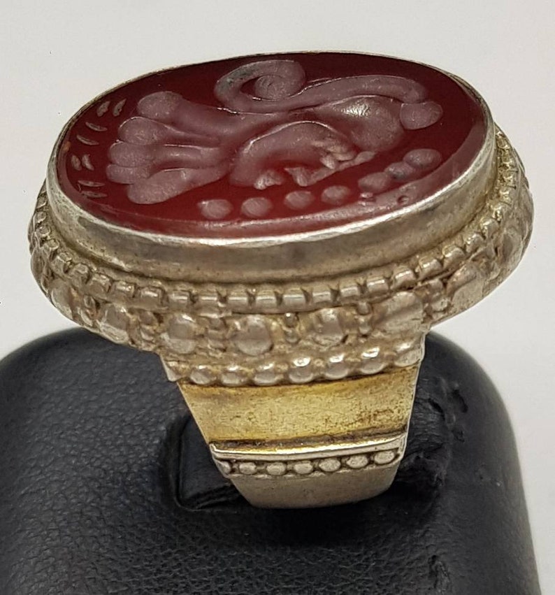 Antique Silver Soild Ring With Ancient Agate Stone Roman King Face Intagilo