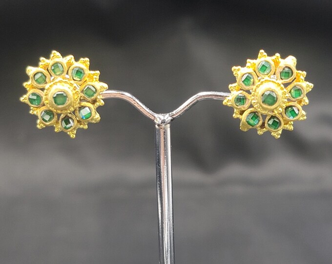 Beautiful Vintage Silver Gold Plated Earrings With Natural Emerald Gemstone