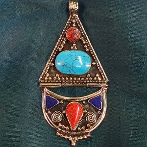Authentic Old Silver Tibeten Design Pendant With Natural Turquoise And Coral
