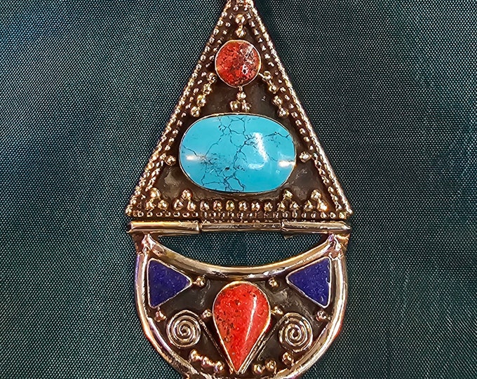 Authentic Old Silver Tibeten Design Pendant With Natural Turquoise And Coral